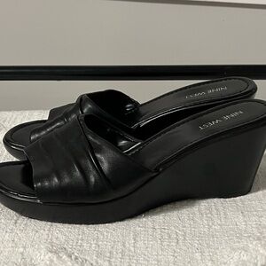 Nine West Black Leather Wedge Mules